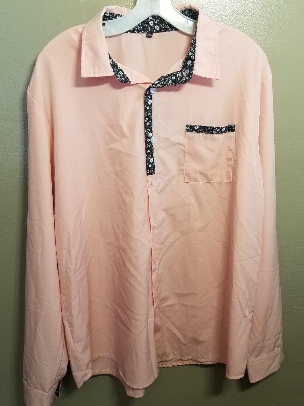 Men's Pink Long Sleeve Button Down Top with Pocket, XXL